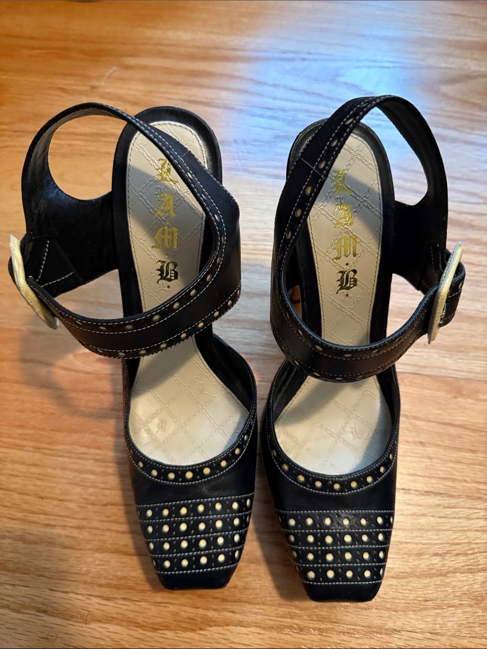 L.A.M.B. Gwen Stefani Vintage Black Leather Polka Dot Mary Jane Heels